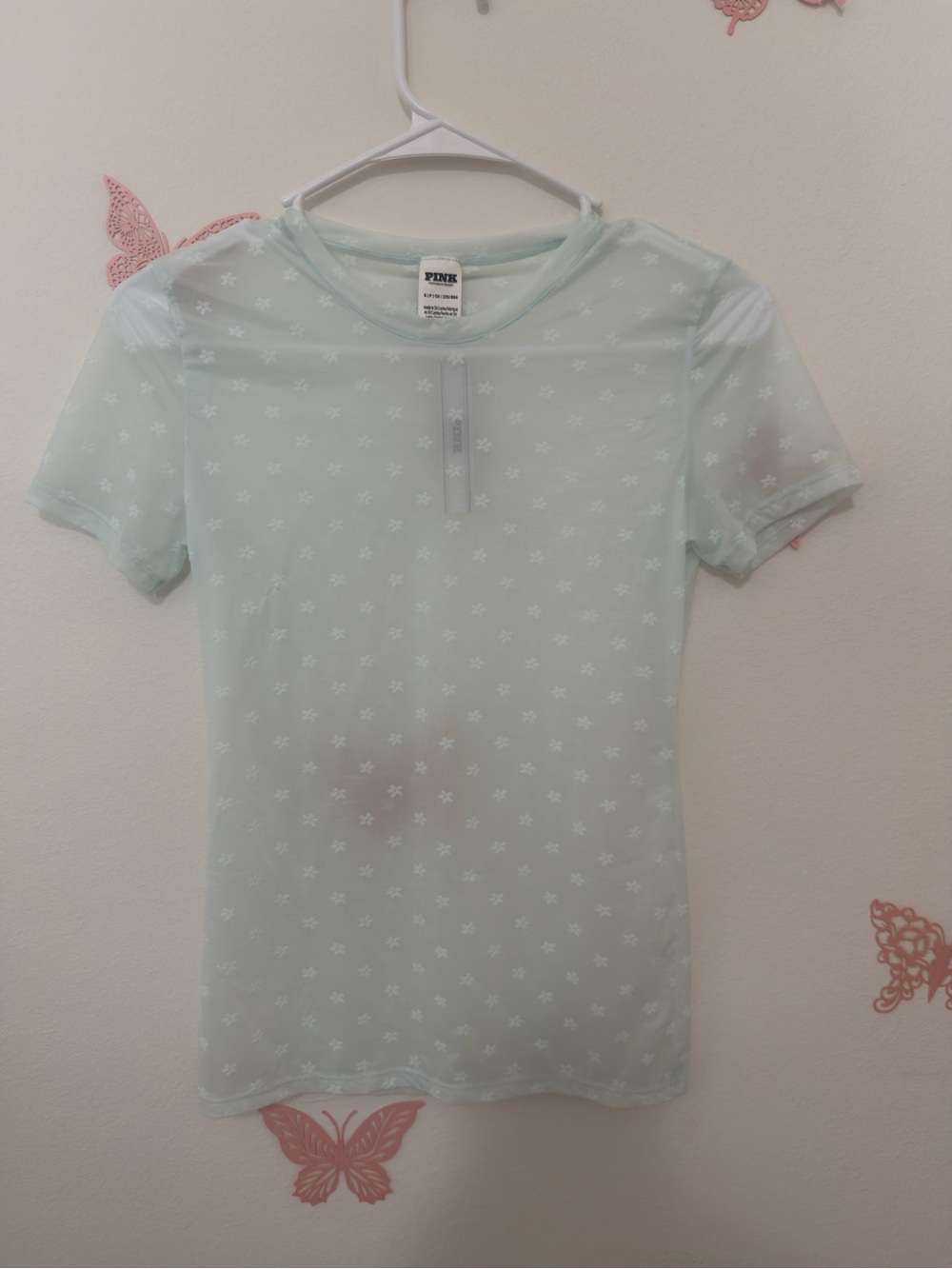 PINK Victoria's Secret Mint Sheer Floral Mesh Short Sleeve Tee